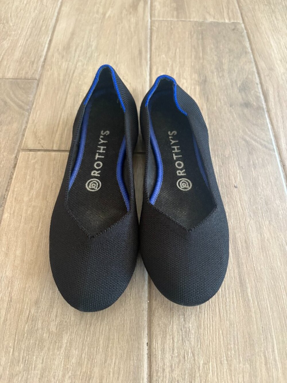 Rothy's Ballet Flats Women's 8 Black Knit Electric Blue Halo Round Toe Slip On